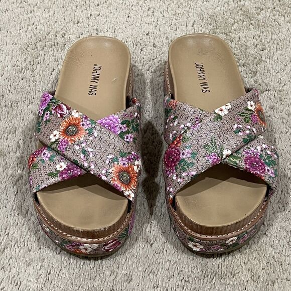 Johnny Was Size 7 Jenna Cross Cross Sandal Leather Slip Ons Slides Floral Boho - Picture 4 of 10